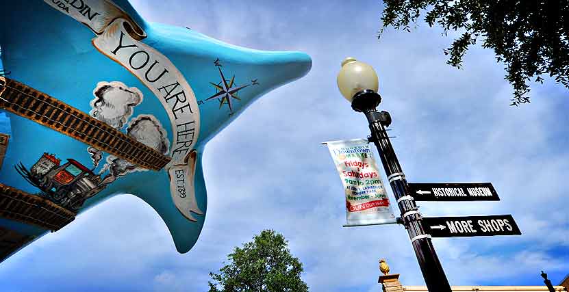 Dolphin and light post in downtown Dunedin